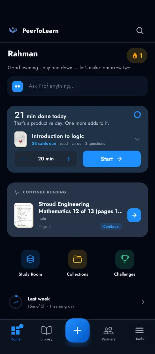 The app’s Home: 21 minutes read today, Introduction to logic with 28 cards due and a Start button, and Continue reading at page 3 of Stroud Engineering Mathematics.